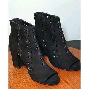 Brash‎ Ankle Bootie Laser Cutout Peep toe Black Faux Suede Block Heel Size 7